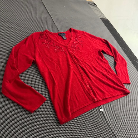 Laura Scott Sweaters - Laura Scott Red Floral Embroidered Beaded V-Neck Cardigan Sweater Womens XL